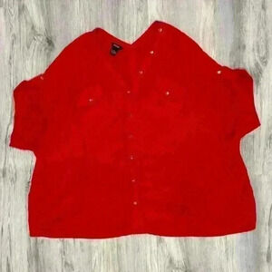Alfani Women’s Short Sleeve Blouse Full Button Front Back Top Red Shirt Size XL